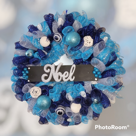 Large size Noel Blue and Silver Christmas Ornament Holiday Wreath - Picture 4 of 4